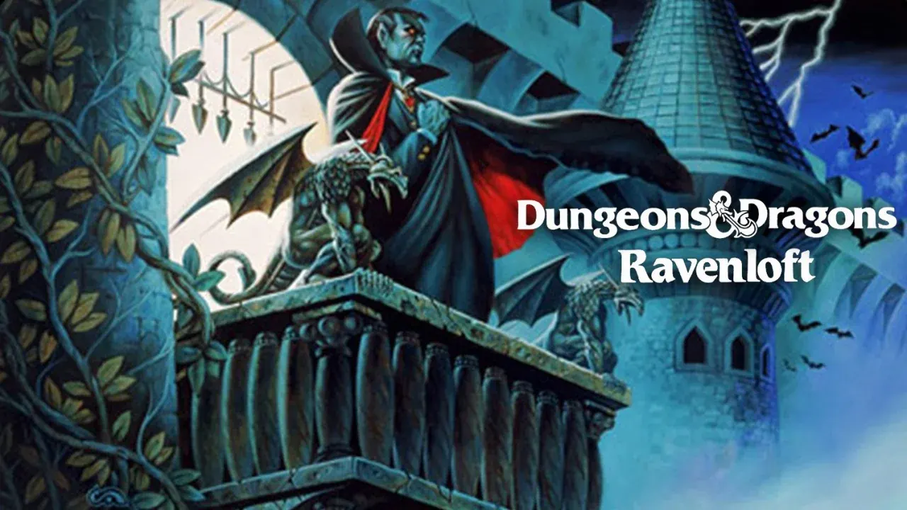 Dungeons & Dragons Ravenloft key art — gothic castle silhouette with bats in a dark purple sky
